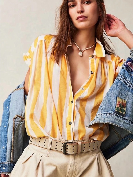We The Free Tops - We The Free Yellow & White Striped Button-Down Shirt size M (oversized)